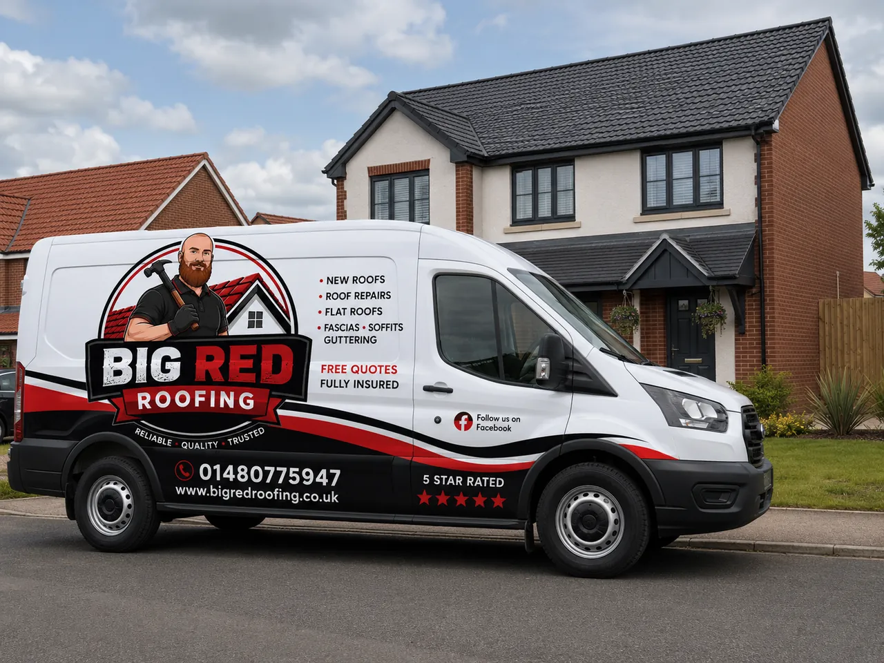 Big Red Roofing branded van outside a home in Huntingdon