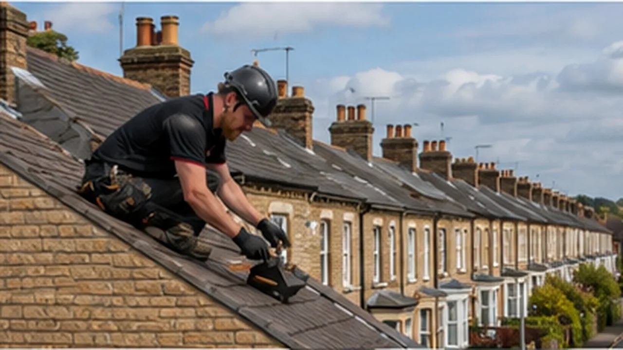 Roof repairs on a slate terrace in Kettering, Northamptonshire